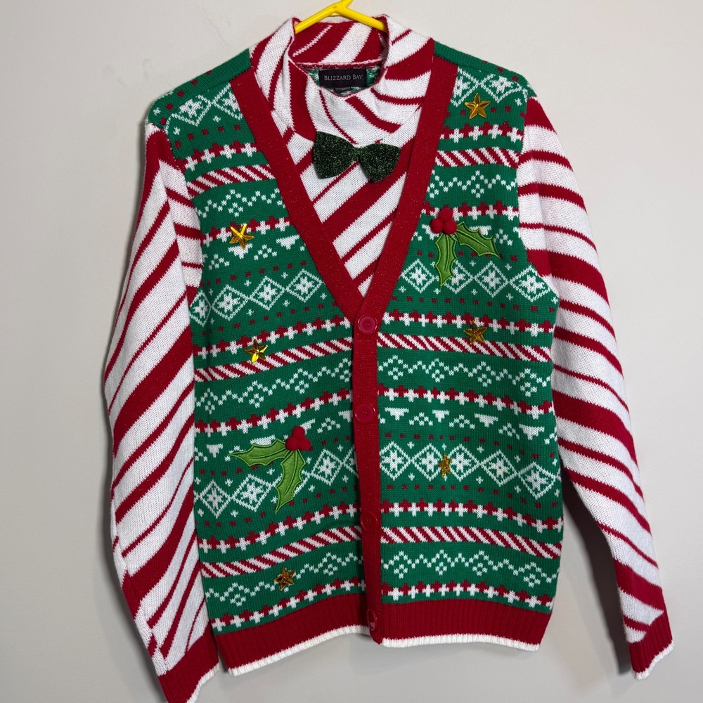 Blizzard Bay Men's Medium Sweater Christmas Bow Tie Candy Cane Multicolor Stripe